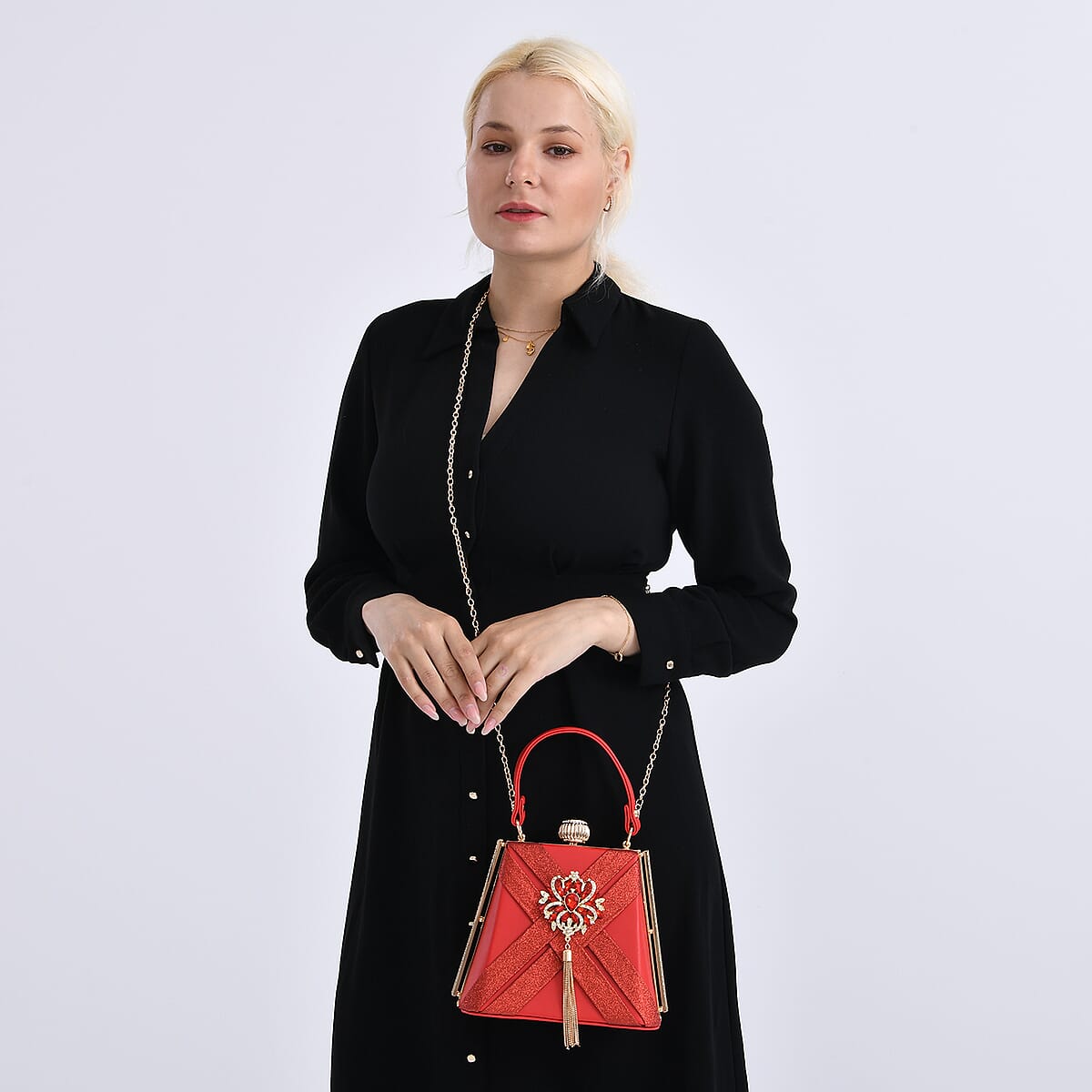 Red Radiant Tassel Brooch Crystal Clutch Bag with Shoulder Chain Strap image number 2
