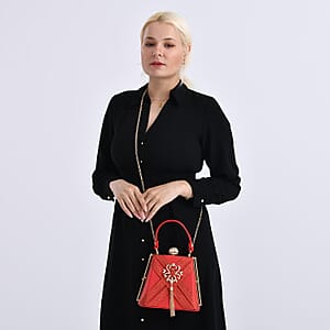 Red Radiant Tassel Brooch Crystal Clutch Bag with Shoulder Chain Strap