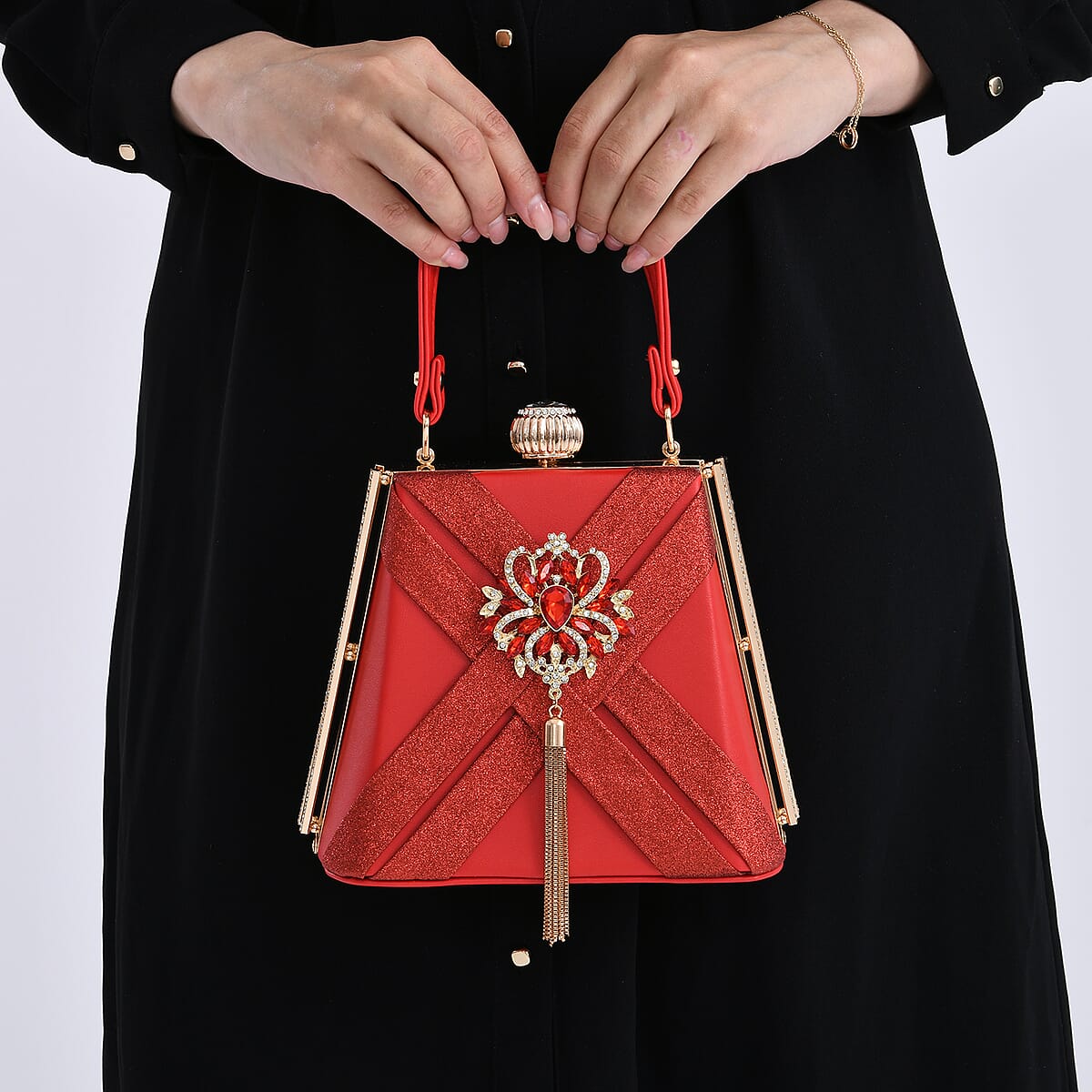 Red Radiant Tassel Brooch Crystal Clutch Bag with Shoulder Chain Strap image number 3