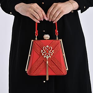 Red Radiant Tassel Brooch Crystal Clutch Bag with Shoulder Chain Strap