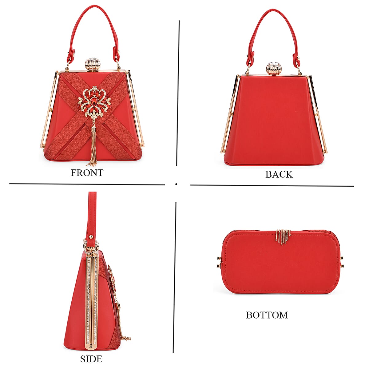 Red Radiant Tassel Brooch Crystal Clutch Bag with Shoulder Chain Strap image number 4