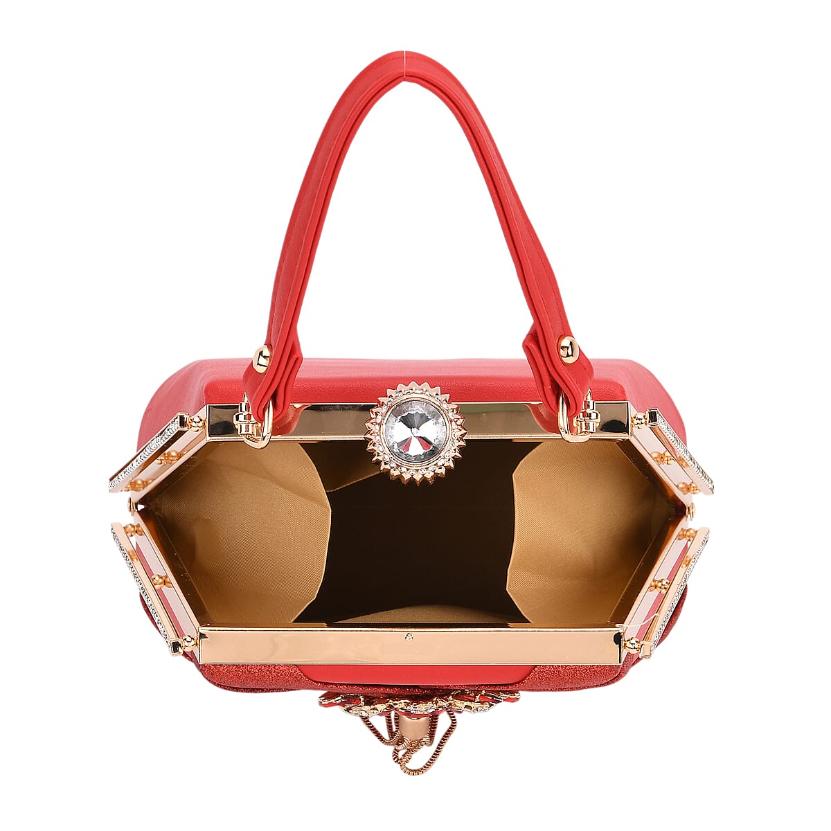 Red Radiant Tassel Brooch Crystal Clutch Bag with Shoulder Chain Strap image number 5
