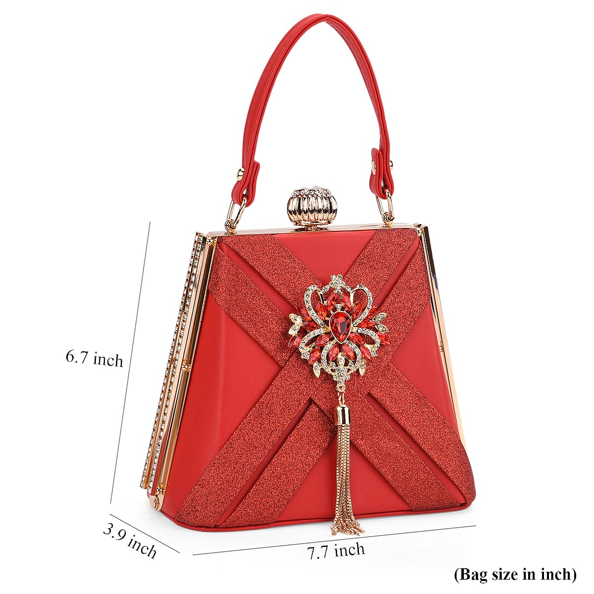 Red Radiant Tassel Brooch Crystal Clutch Bag with Shoulder Chain Strap image number 6