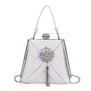 White Radiant Tassel Brooch Crystal Clutch Bag with Shoulder Chain Strap
