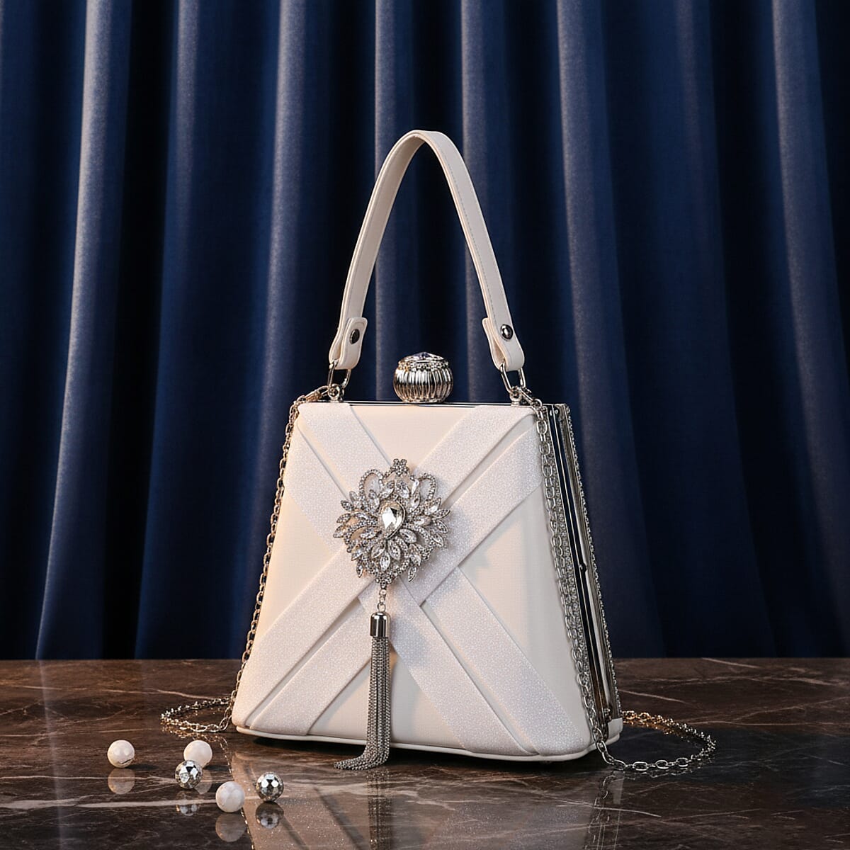 White Radiant Tassel Brooch Crystal Clutch Bag with Shoulder Chain Strap image number 1