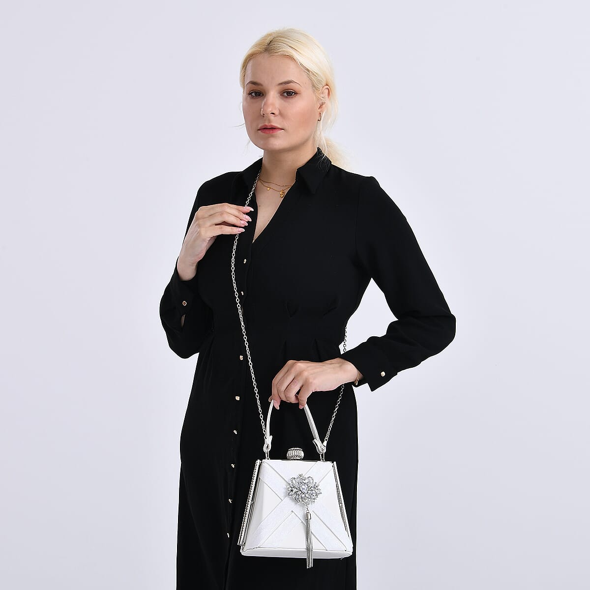 White Radiant Tassel Brooch Crystal Clutch Bag with Shoulder Chain Strap image number 2