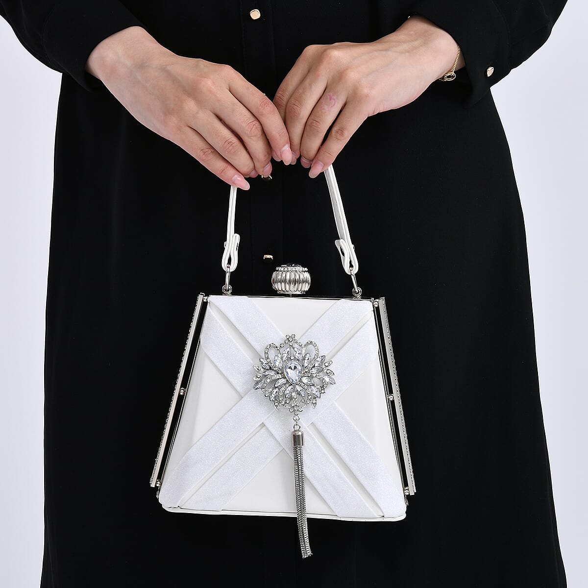 White Radiant Tassel Brooch Crystal Clutch Bag with Shoulder Chain Strap image number 3