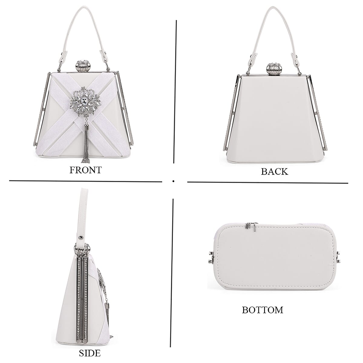White Radiant Tassel Brooch Crystal Clutch Bag with Shoulder Chain Strap image number 4