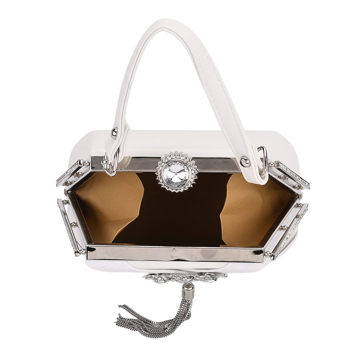 White Radiant Tassel Brooch Crystal Clutch Bag with Shoulder Chain Strap image number 5