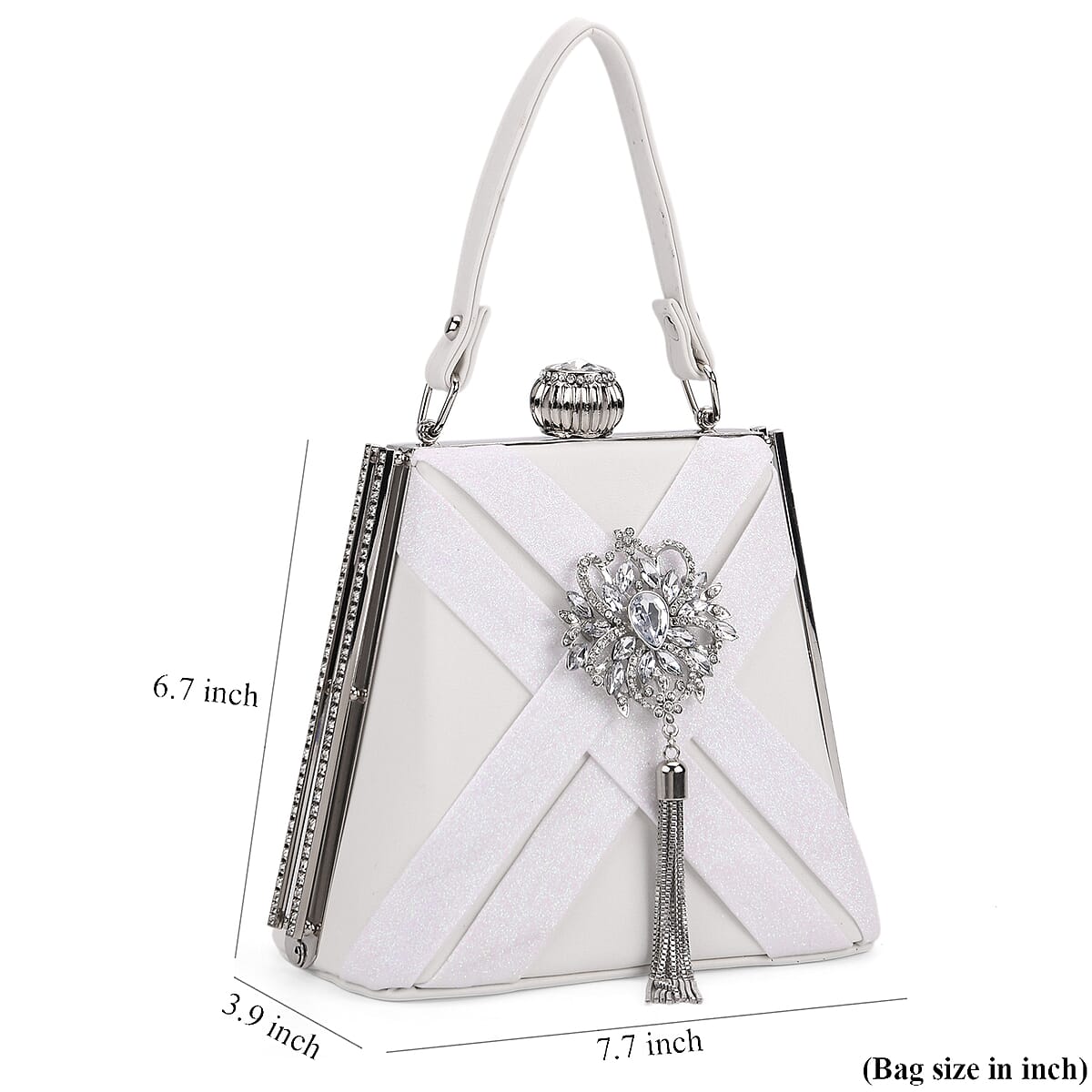 White Radiant Tassel Brooch Crystal Clutch Bag with Shoulder Chain Strap image number 6