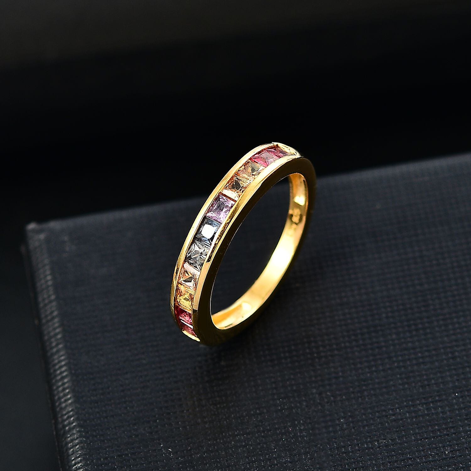 D'Joy Rainbow Sapphire 1.25 ctw Half Eternity Band Ring in 18K Vermeil Yellow Gold Over Sterling Silver (Size 10.0)