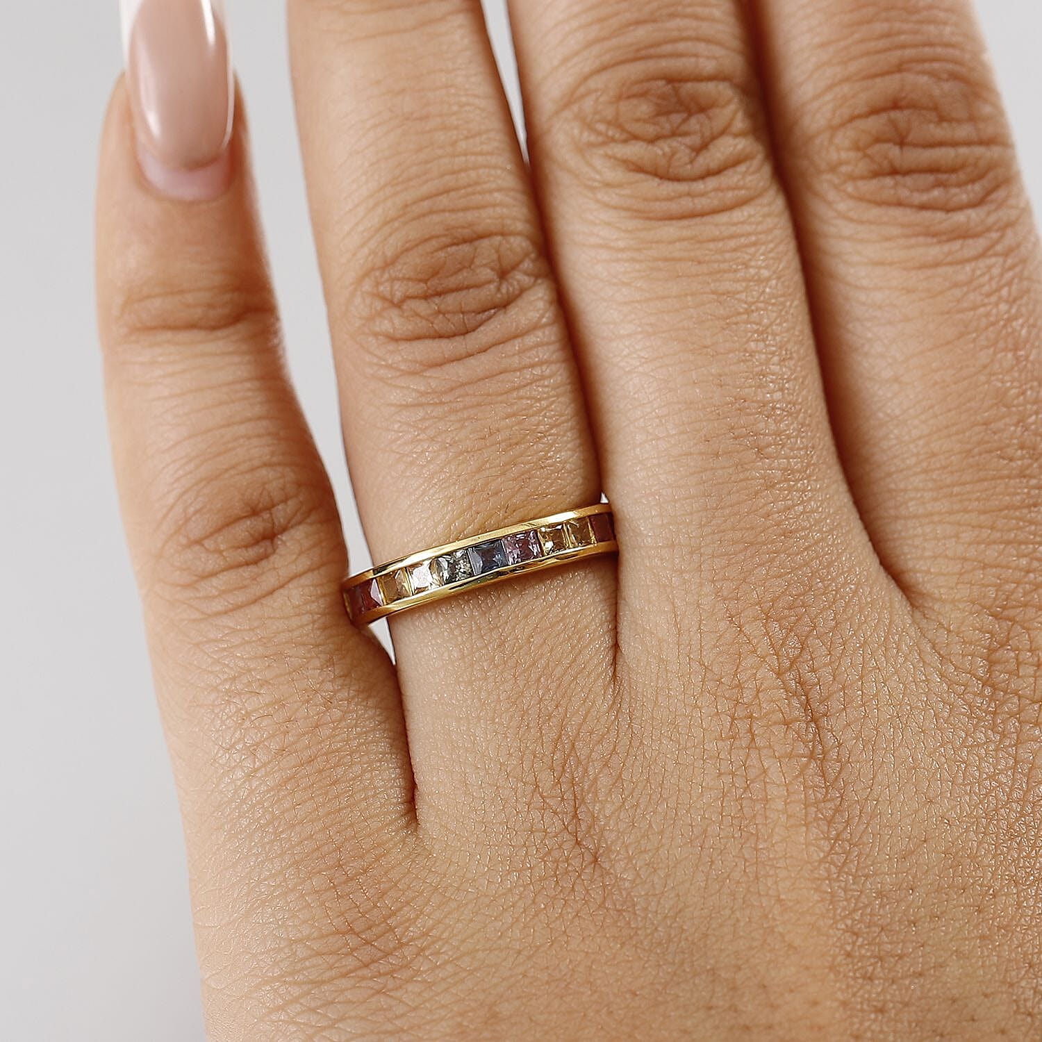 D'Joy Rainbow Sapphire 1.25 ctw Half Eternity Band Ring in 18K Vermeil Yellow Gold Over Sterling Silver (Size 10.0)