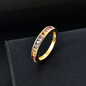D'Joy Rainbow Sapphire 1.25 ctw Half Eternity Band Ring in 18K Vermeil Yellow Gold Over Sterling Silver (Size 7.0)