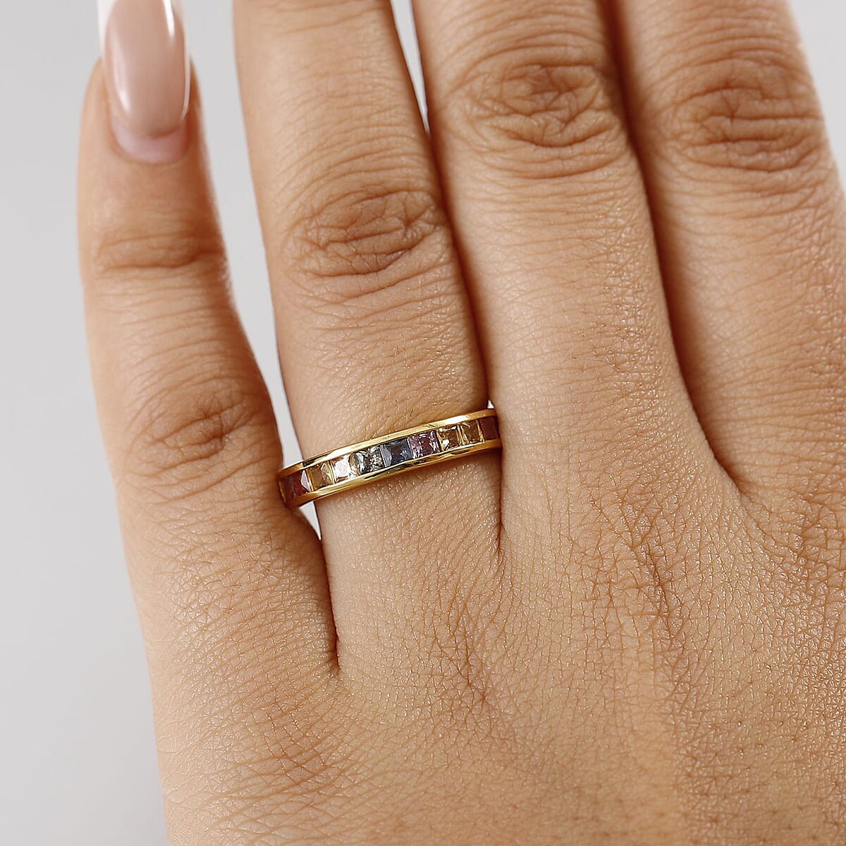 D'Joy Rainbow Sapphire 1.25 ctw Half Eternity Band Ring in 18K Vermeil Yellow Gold Over Sterling Silver (Size 7.0) image number 2