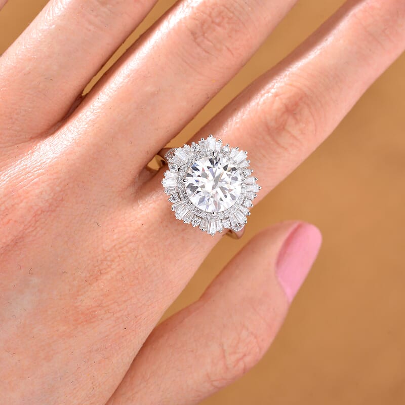 D'Joy Heart and Arrow Cut Moissanite 4.40 ctw Art Deco Ring in Rhodium Over Sterling Silver (Size 10.0)
