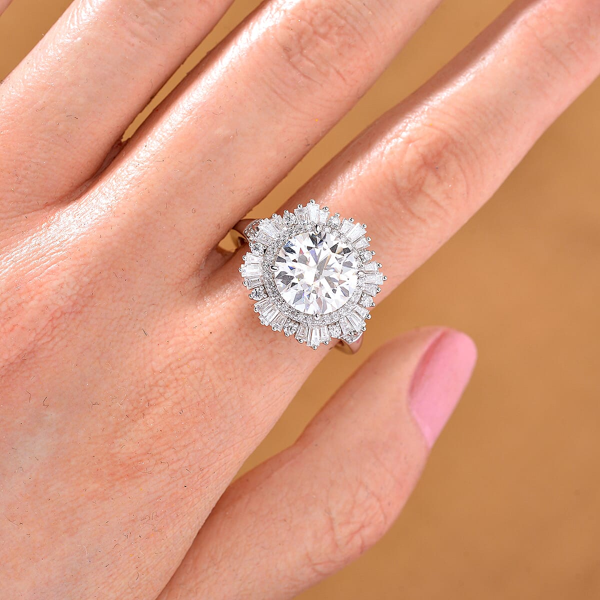 D'Joy Heart and Arrow Cut Moissanite 4.40 ctw Art Deco Ring in Rhodium Over Sterling Silver (Size 9.0) image number 1