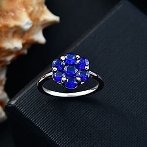 D'Joy Tanzanian Blue Spinel (DF) 2.10 ctw Floral Ring in Rhodium Over Sterling Silver (Size 6.0)