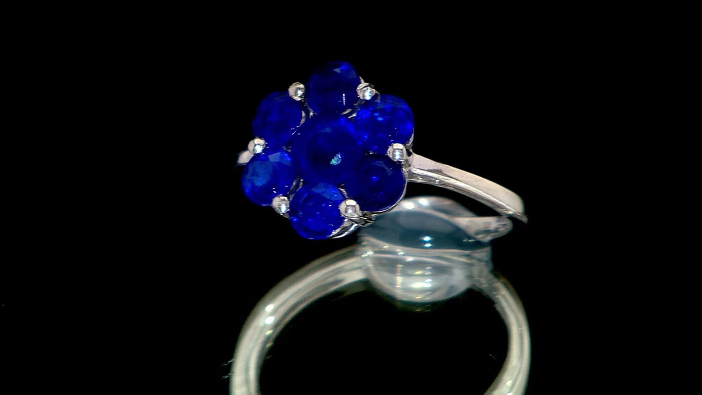 Tanzanian Blue Spinel (DF) Floral Ring in Rhodium Over Sterling Silver (Size 10.0) 2.10 ctw