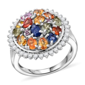 Multi Sapphire and White Zircon 4.15 ctw Sunburst Elegance Ring in Rhodium Over Sterling Silver (Size 10.0)