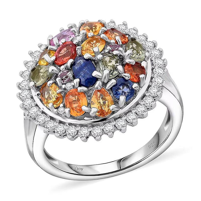Multi Sapphire and White Zircon 4.15 ctw Sunburst Elegance Ring in Rhodium Over Sterling Silver (Size 10.0)
