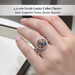 Multi Sapphire and White Zircon 4.15 ctw Sunburst Elegance Ring in Rhodium Over Sterling Silver (Size 10.0)
