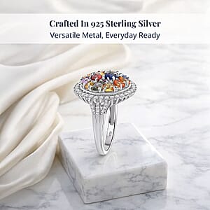 Multi Sapphire and White Zircon 4.15 ctw Sunburst Elegance Ring in Rhodium Over Sterling Silver (Size 10.0)