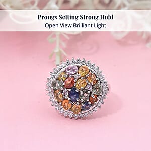 Multi Sapphire and White Zircon 4.15 ctw Sunburst Elegance Ring in Rhodium Over Sterling Silver (Size 10.0)