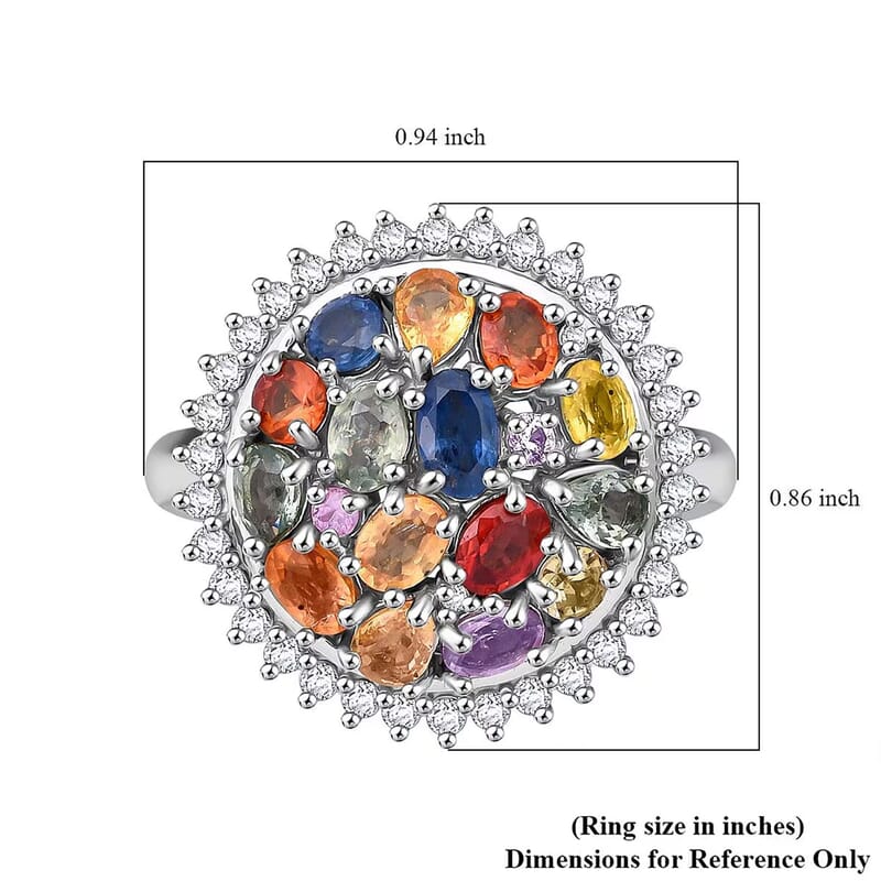 Multi Sapphire and White Zircon 4.15 ctw Sunburst Elegance Ring in Rhodium Over Sterling Silver (Size 10.0)