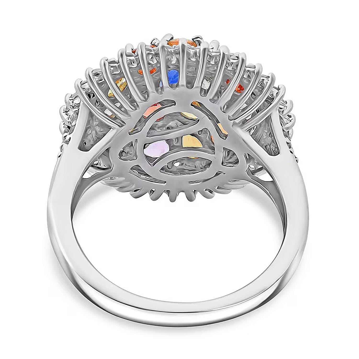 Multi Sapphire and White Zircon 4.15 ctw Sunburst Elegance Ring in Rhodium Over Sterling Silver (Size 10.0)