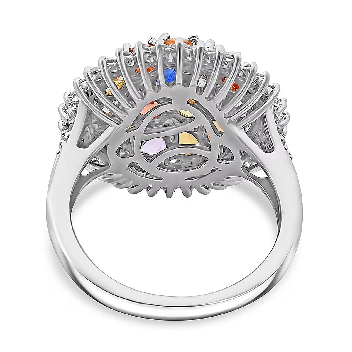 TLV Multi Sapphire, White Zircon Sunburst Elegance Ring in Rhodium Over Sterling Silver (Size 10.0) 4.40 ctw image number 6
