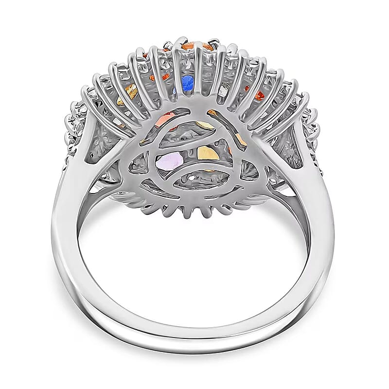 Multi Sapphire and White Zircon 4.15 ctw Sunburst Elegance Ring in Rhodium Over Sterling Silver (Size 10.0)