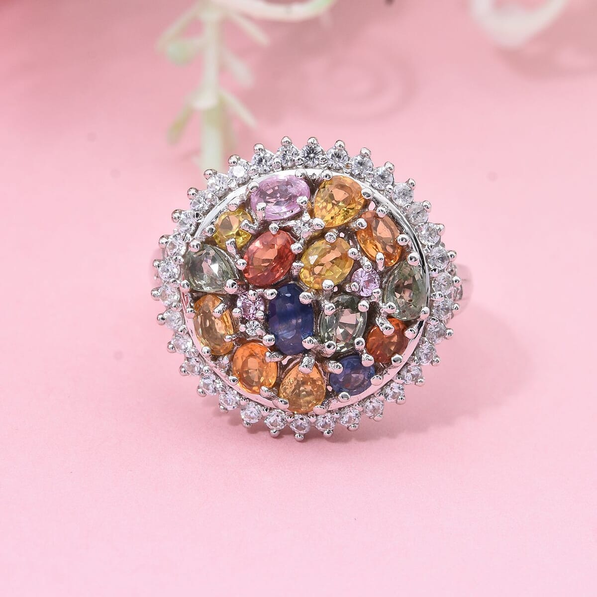 Multi Sapphire and White Zircon 4.15 ctw Sunburst Elegance Ring in Rhodium Over Sterling Silver (Size 6.0) image number 1