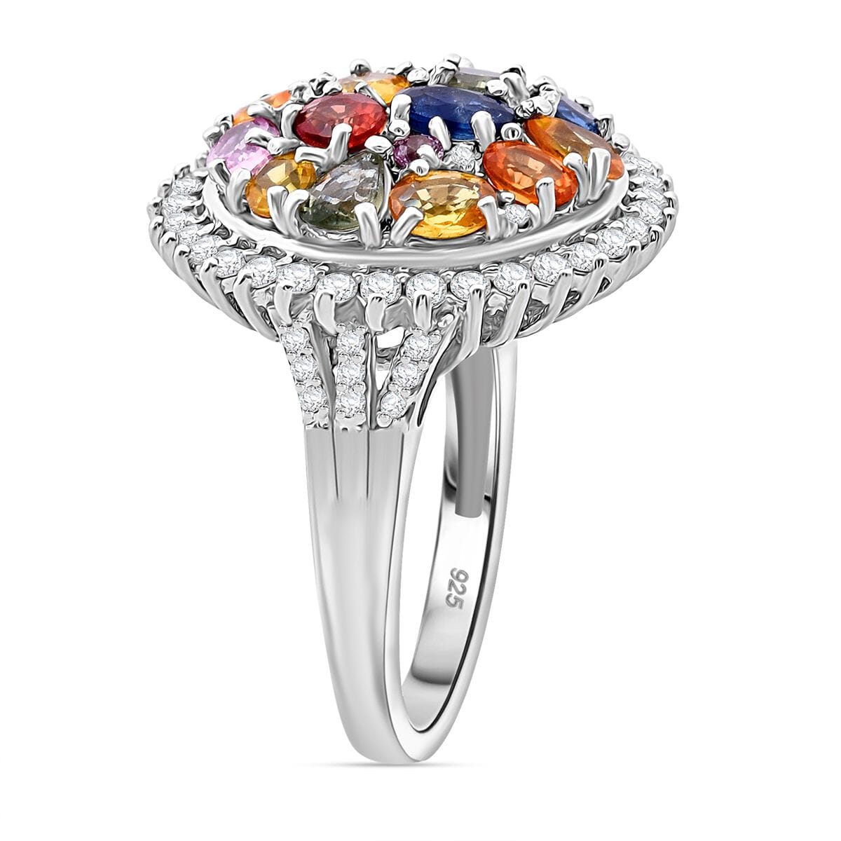 Multi Sapphire and White Zircon 4.15 ctw Sunburst Elegance Ring in Rhodium Over Sterling Silver (Size 6.0) image number 3