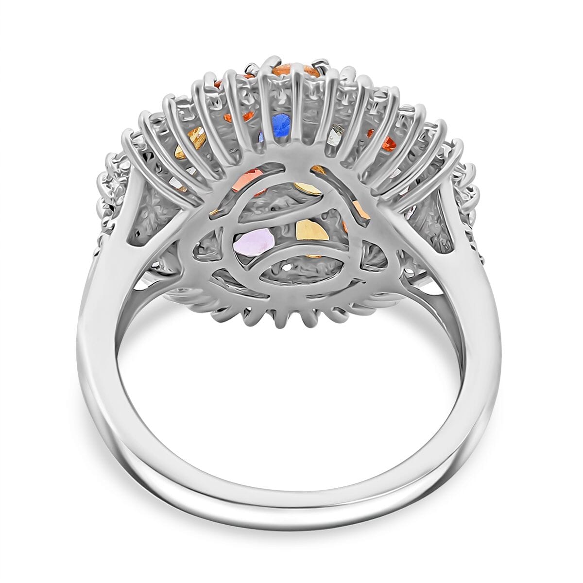 Multi Sapphire and White Zircon 4.15 ctw Sunburst Elegance Ring in Rhodium Over Sterling Silver (Size 6.0) image number 4