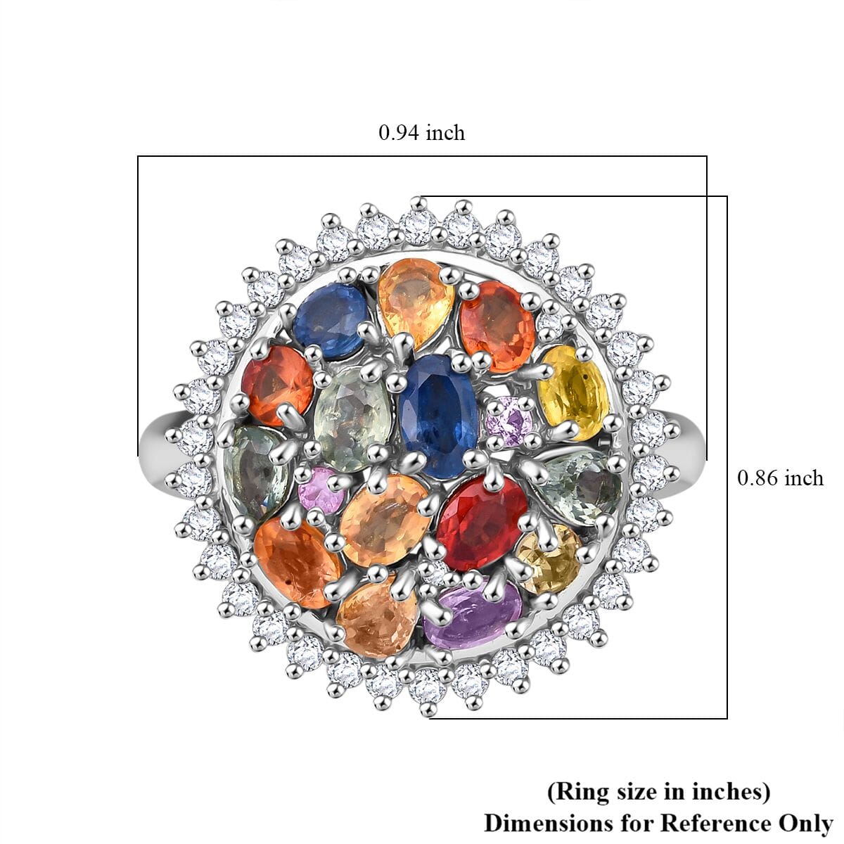 Multi Sapphire and White Zircon 4.15 ctw Sunburst Elegance Ring in Rhodium Over Sterling Silver (Size 6.0) image number 5