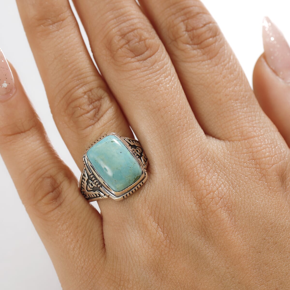 Artisan Crafted Royston Turquoise 6.00 ctw Eagle Ring in Sterling Silver (Size 8.0) image number 2