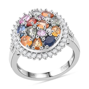 Multi Sapphire and White Zircon 3.80 ctw Sunburst Elegance Ring in Rhodium Over Sterling Silver (Size 10.0)