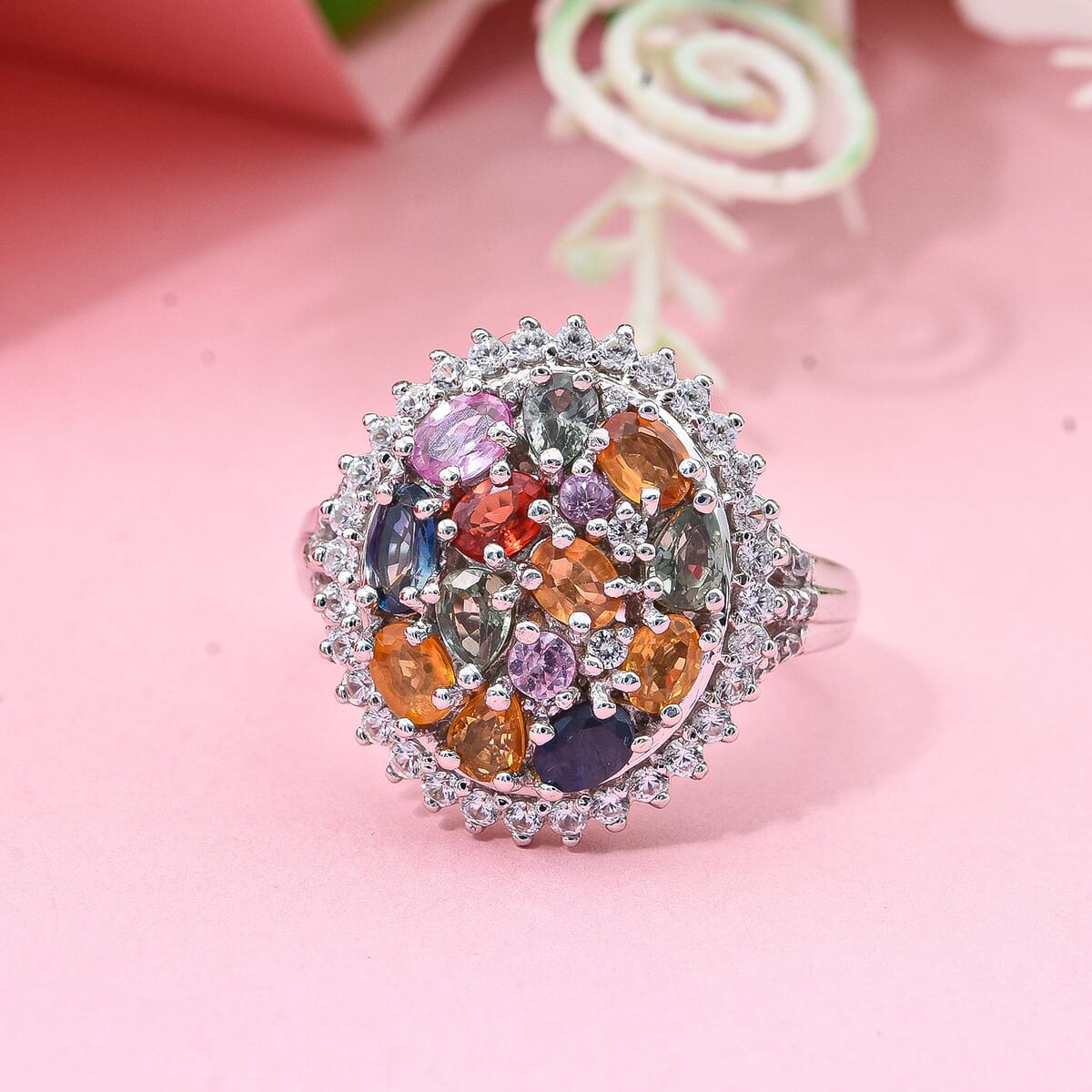 TLV Multi Sapphire, White Zircon Sunburst Elegance Ring in Rhodium Over Sterling Silver (Size 11.0) 3.80 ctw image number 1