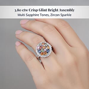 D'Joy Multi Sapphire and White Zircon 3.80 ctw Sunburst Elegance Ring in Rhodium Over Sterling Silver (Size 6.0)