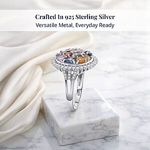 D'Joy Multi Sapphire and White Zircon 3.80 ctw Sunburst Elegance Ring in Rhodium Over Sterling Silver (Size 6.0)