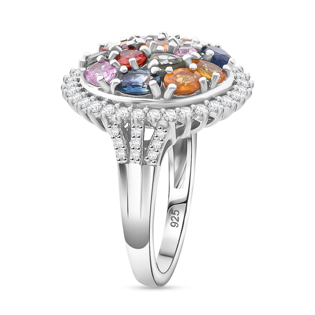 Multi Sapphire and White Zircon 3.80 ctw Sunburst Elegance Ring in Rhodium Over Sterling Silver (Size 9.0) image number 3