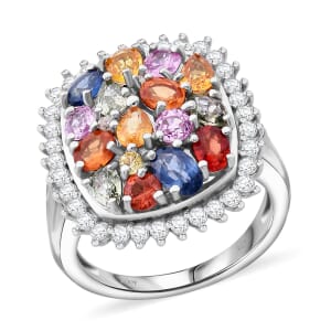 Multi Sapphire and White Zircon 4.00 ctw Sunburst Elegance Ring in Rhodium Over Sterling Silver (Size 10.0)