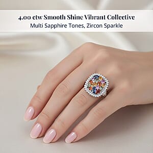 Multi Sapphire and White Zircon 4.00 ctw Sunburst Elegance Ring in Rhodium Over Sterling Silver (Size 10.0)