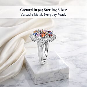 Multi Sapphire and White Zircon 4.00 ctw Sunburst Elegance Ring in Rhodium Over Sterling Silver (Size 10.0)