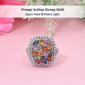 Multi Sapphire and White Zircon 4.00 ctw Sunburst Elegance Ring in Rhodium Over Sterling Silver (Size 10.0)