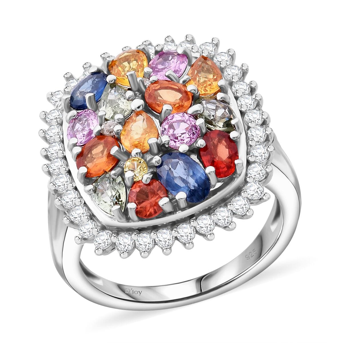 TLV Multi Sapphire, White Zircon Sunburst Elegance Ring in Rhodium Over Sterling Silver (Size 11.0) 4.00 ctw image number 0