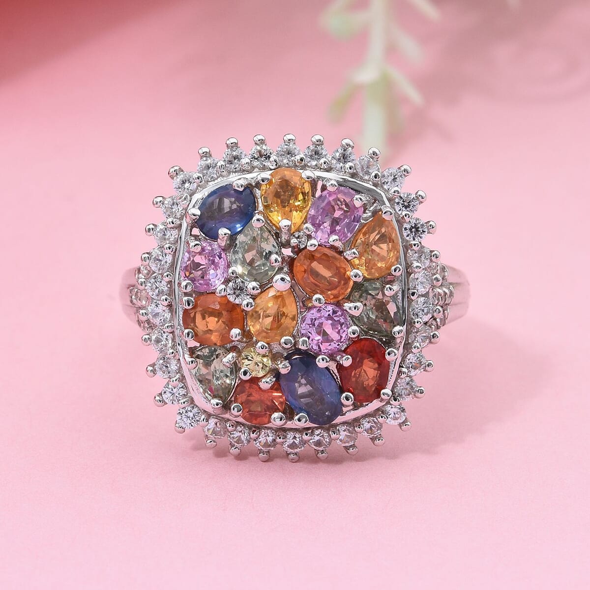 TLV Multi Sapphire, White Zircon Sunburst Elegance Ring in Rhodium Over Sterling Silver (Size 11.0) 4.00 ctw image number 1
