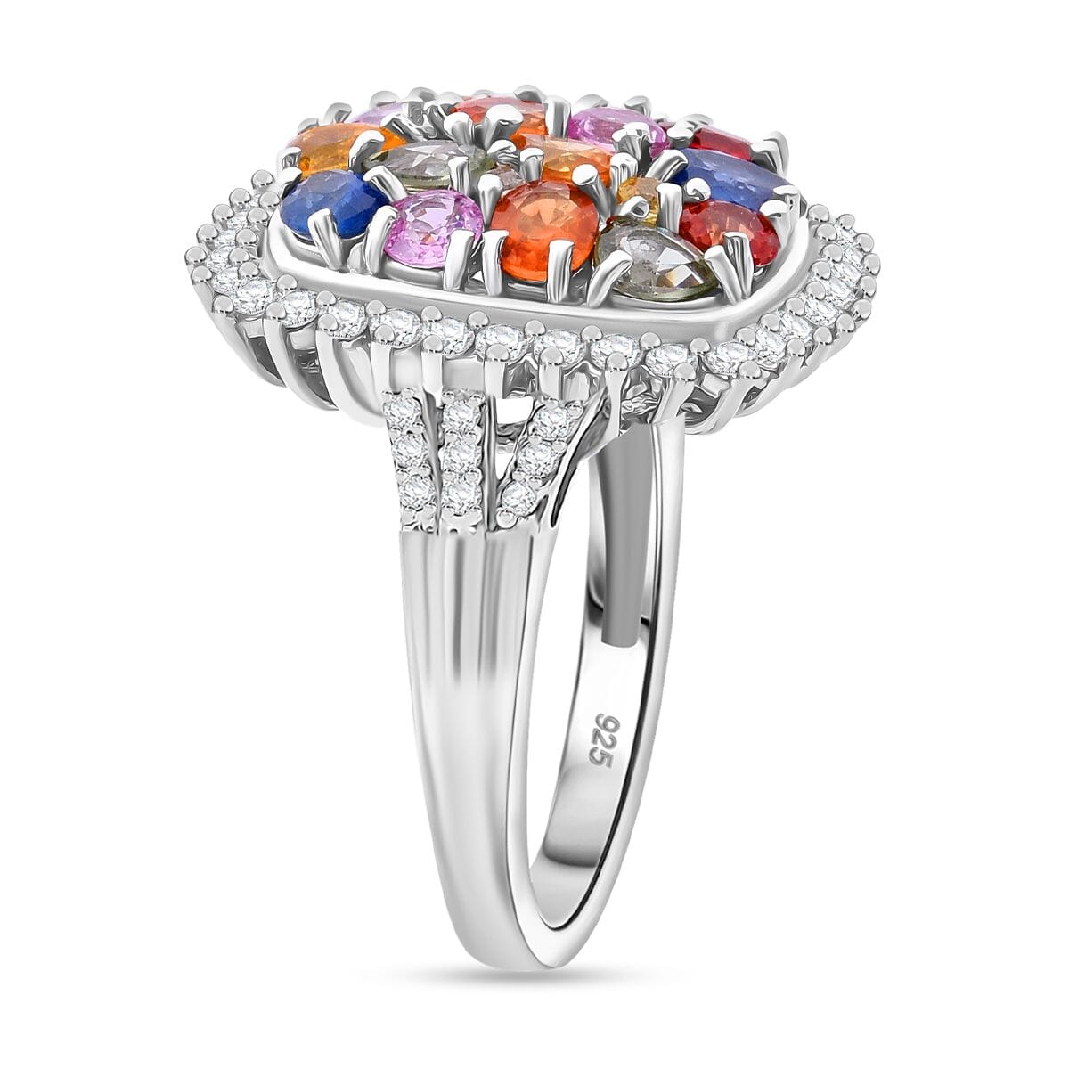 Multi Sapphire and White Zircon 4.00 ctw Sunburst Elegance Ring in Rhodium Over Sterling Silver (Size 6.0) image number 3