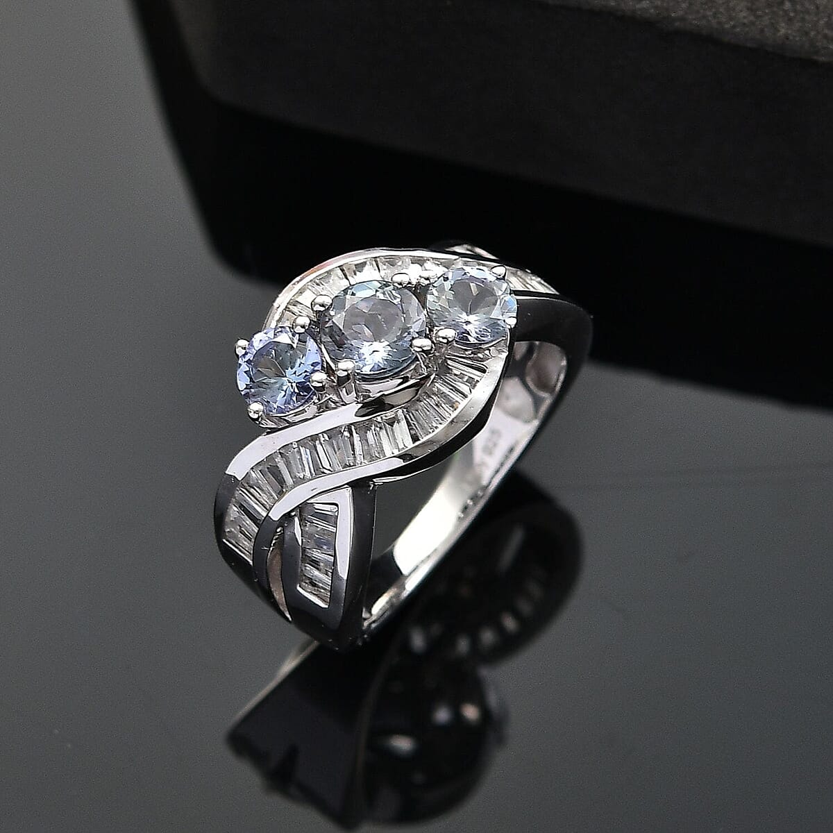 Peacock Tanzanite, White Zircon Fluid Wave Ring in Rhodium Over Sterling Silver (Size 10.0) 2.70 ctw image number 1