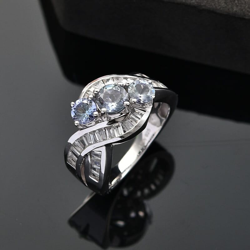 Peacock Tanzanite, White Zircon Fluid Wave Ring in Rhodium Over Sterling Silver (Size 10.0) 2.70 ctw